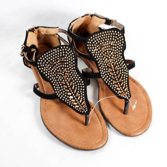 Classic Boho New Black Sandals Gold Detail Beading Size 9 - Picture 1 of 6
